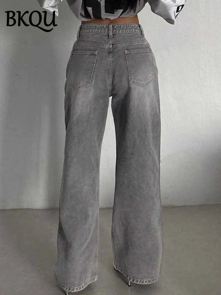 BKQU Gray Vintage Baggy Jeans Woman Streetwear High Waist Y2K Wide Leg Denim Pants Loose Female Hip Hop American Trousers 2000s