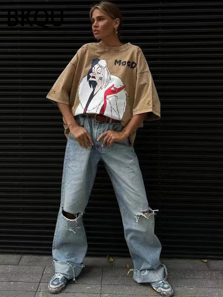 BKQU Oversized T-shirt Women Graphic Print Ripped Half Sleeve Tee Shirts High Street Hip Hop Female Pullovers Vintage Loose Tops