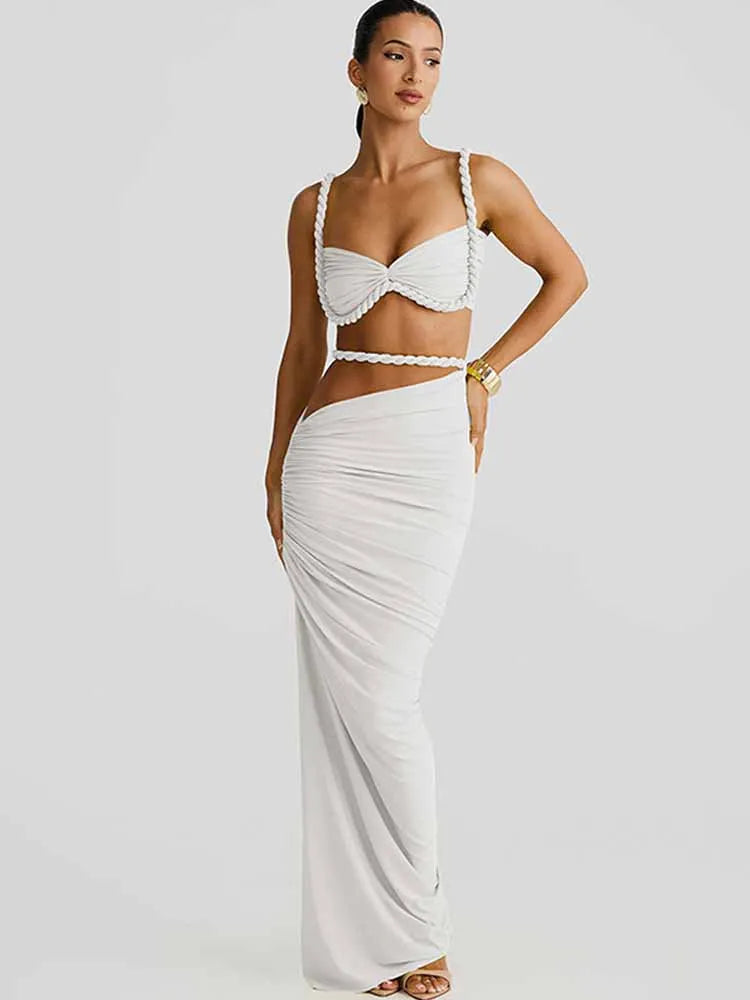 BKQU Summer Beach Ruched 2 Piece Set Women Sexy Square Collar Bra Crop Camisoles+Hollow Out Maxi Skirts Female Vacation Outfits