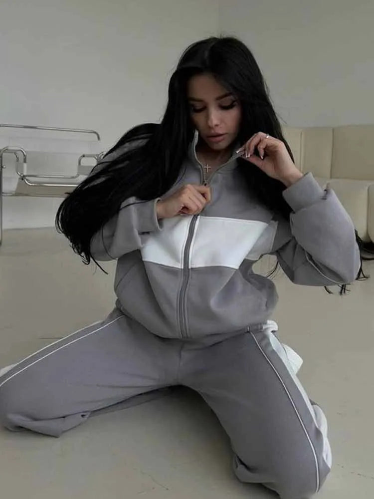 BKQU Contrast-color Women Tracksuits Fashion Two Pieces Zipper Sweatshirt Jacket Pants Sets 2025 New Loose Casual Sporty Outfits