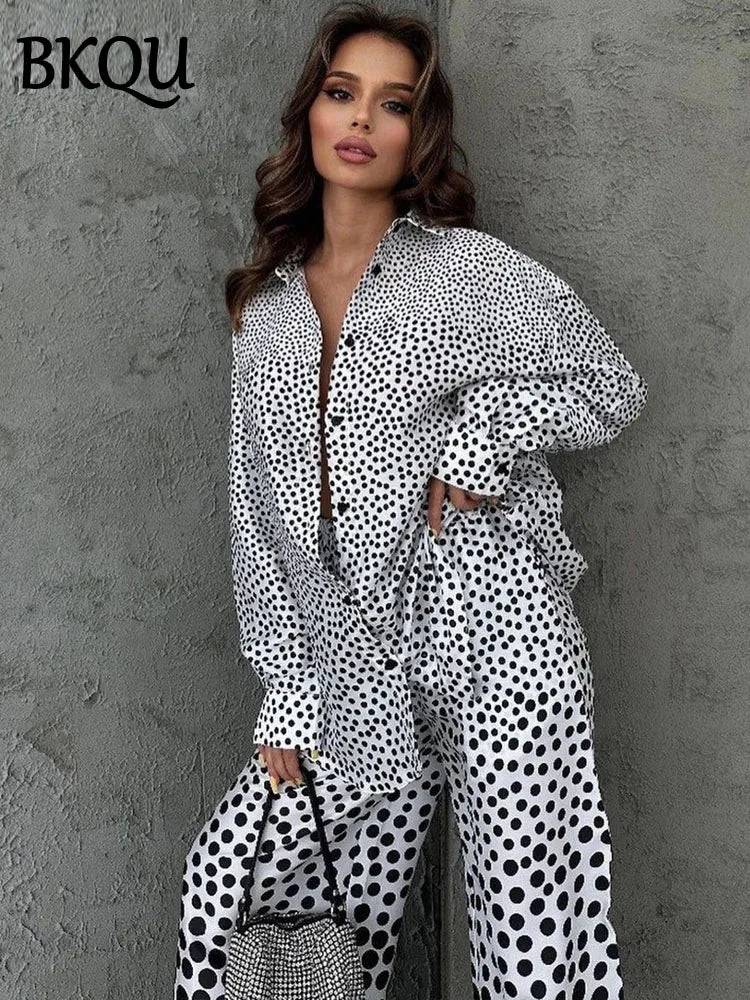 BKQU Casual Loose Print 2 Piece Sets Women Long Sleeve Button Shirts And High Waist Wide Leg Pants Matching Suit Chic Streetwear