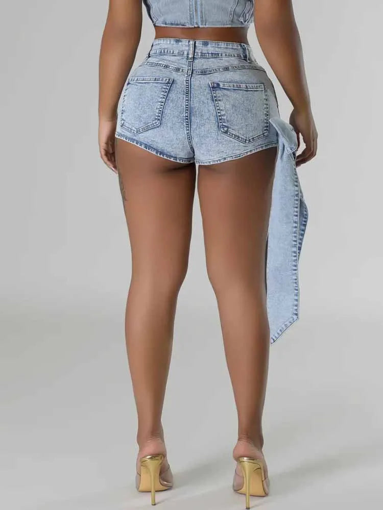 BKQU Sexy 3D Bow Denim Super Shorts Women's Summer Elastic Skinny High Waisted Vintage Blue Short Jeans Y2k American Street Pant