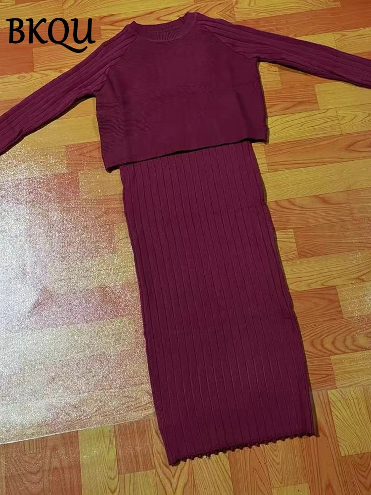 BKQU Knitted Dress Sets Women Sleeveless Square Collar Midi Dress and Long Sleeve O-neck Ribber Sweater Elegant Two Piece Set