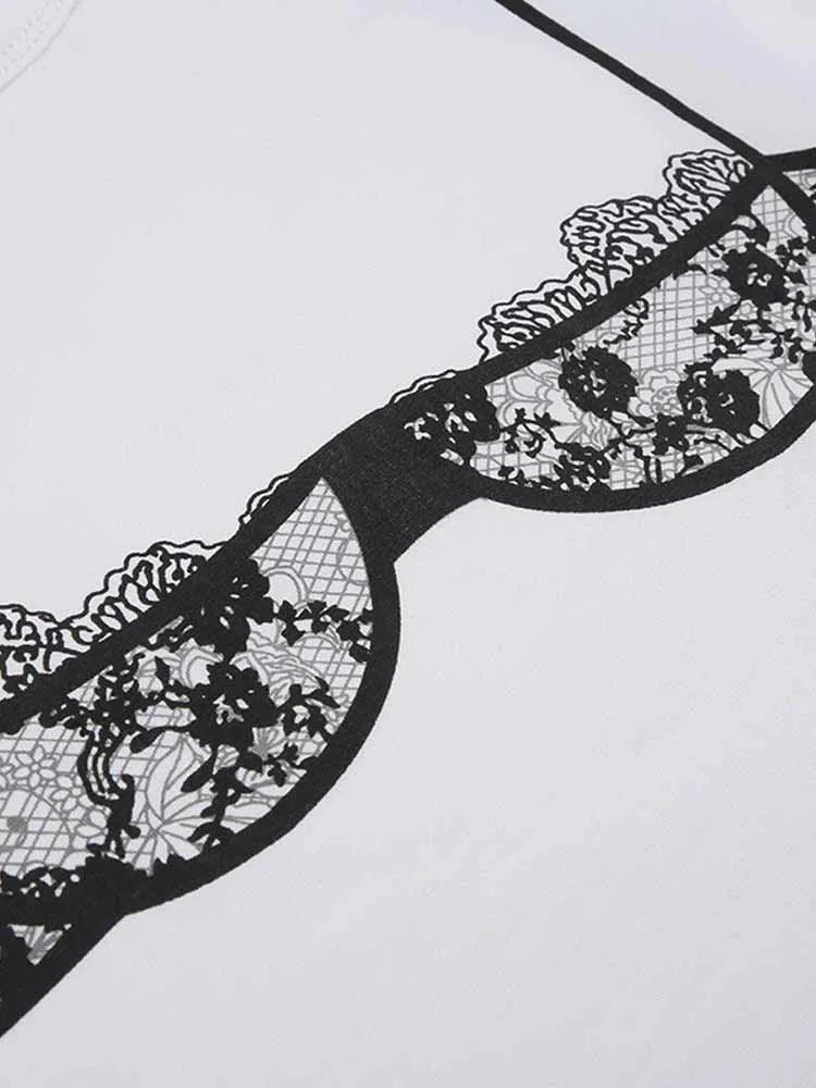 BKQU Lace Bikini Print Graphic T-Shirt Woman Casual Short Sleeve O-Neck Crop Tops Summer Y2k Spicy Girl Slim White Street Tees