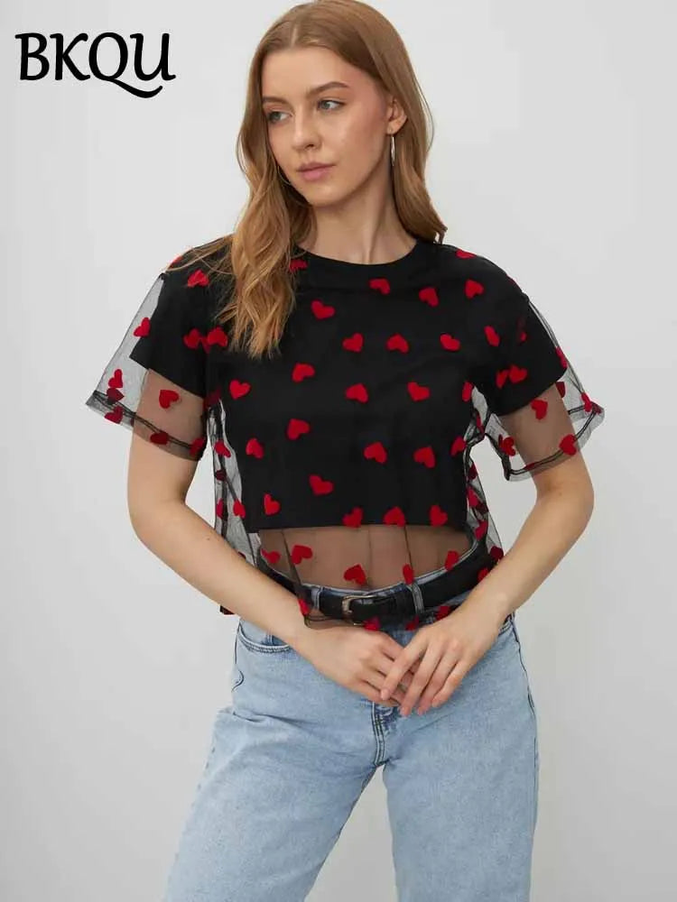 BKQU Crop Tops Women Heart Mesh Patchwork Fake Two Piece T-Shirt 2025 Summer Casual Y2k O-Neck Short Sleeve Tees Chic Streetwear
