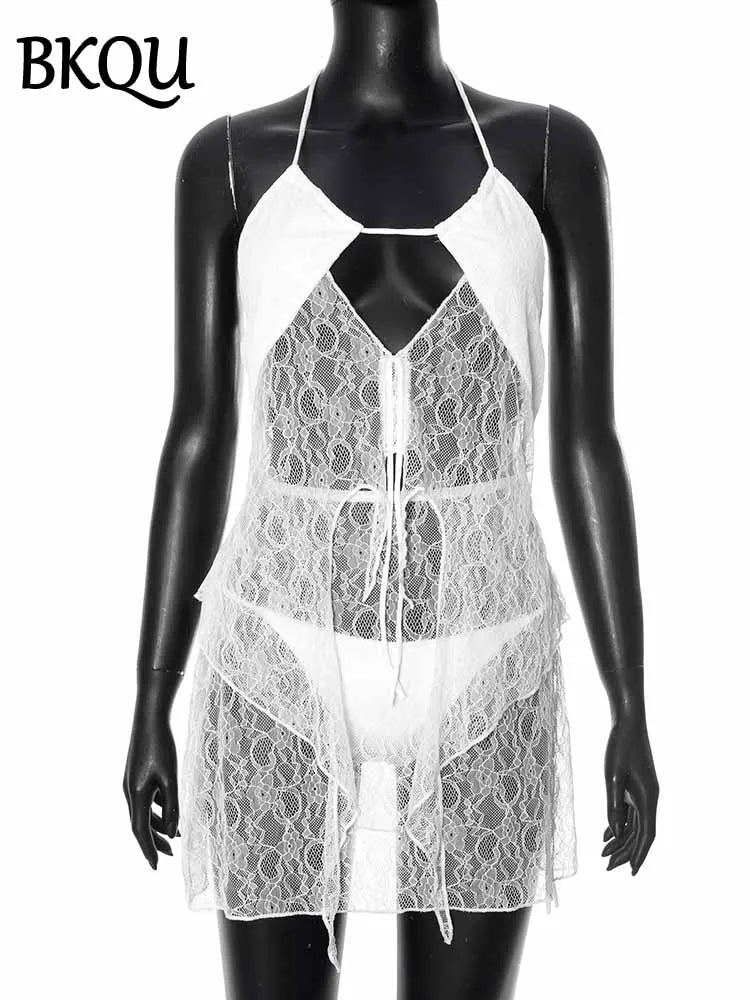 BKQU Lace See-Through 3 Piece Set Women Sexy Hollow Out Beach Outfits Lace-Up Backless Irregular Top And Mini Skirt Vacation Set
