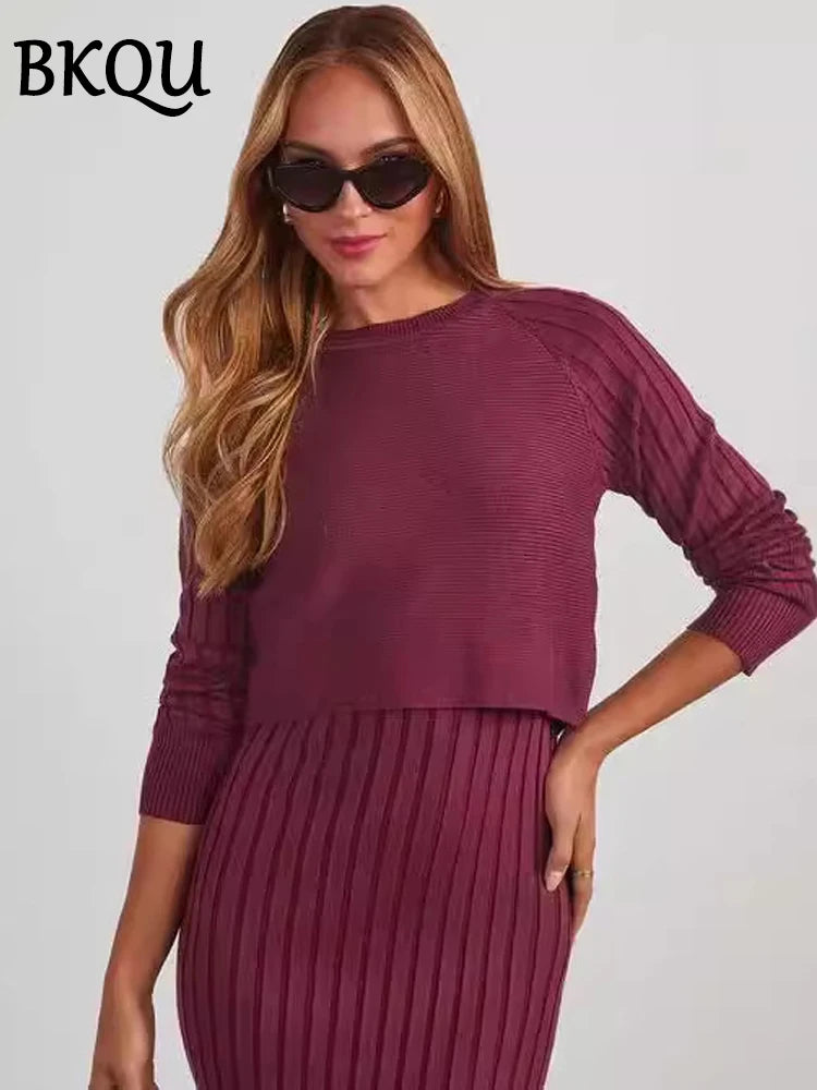 BKQU Knitted Dress Sets Women Sleeveless Square Collar Midi Dress and Long Sleeve O-neck Ribber Sweater Elegant Two Piece Set