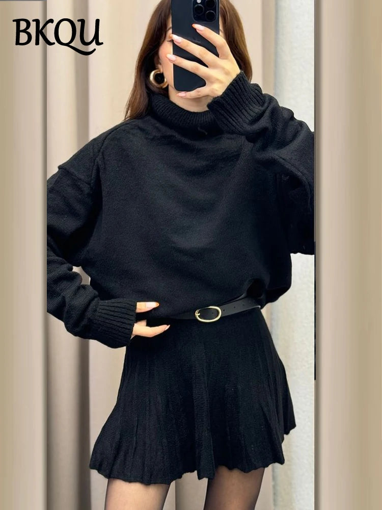 BKQU Elegant Pleated Mini Skirt 2-piece Set Women Fashion Loose Turtleneck Sweater Elastic High Waist A-Line Knitted Skirt Set