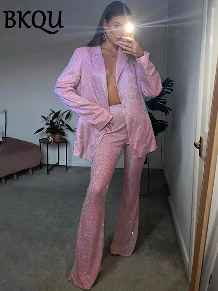 BKQU Shiny Silver Pants Set Women Party Club Blazer Two Piece Luxury Sets Femme Straight Pants and Glitter Blazers Matching Suit
