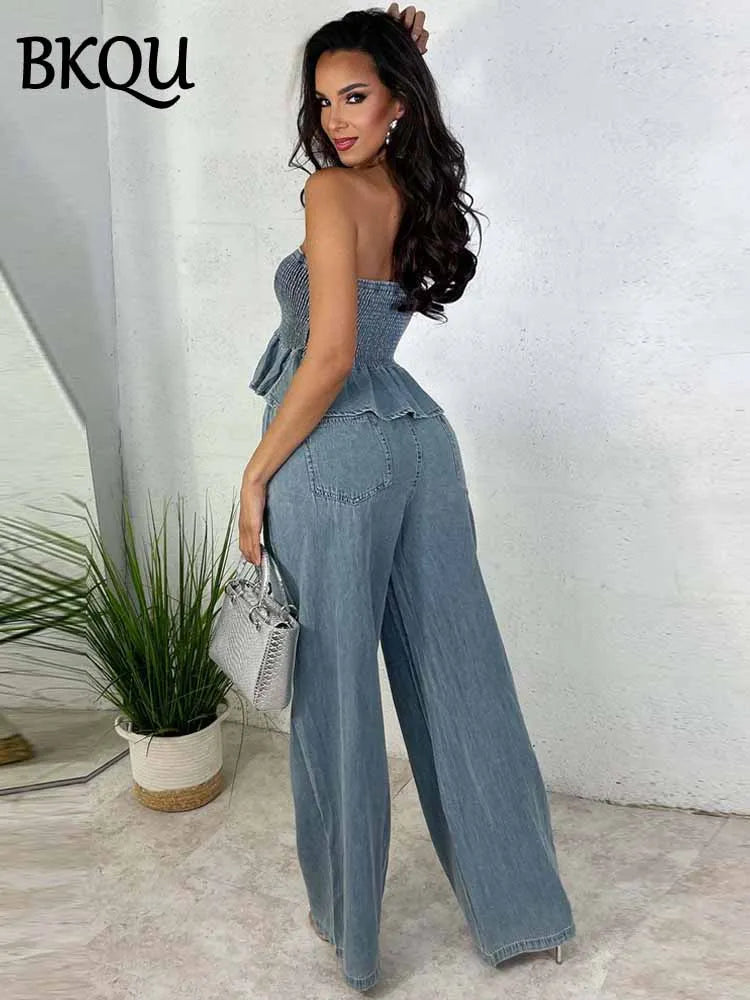 BKQU Denim Women Two Pieces Elegant Strapless Ruffles Top And Wide Leg Pants Matching Set 2025 Fashion Elastic Blue Jeans Outfit