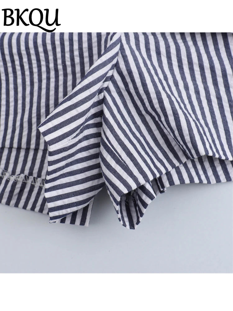 BKQU With Belt Fashion Striped Shorts Skirts Women Summer High Waist A-Line Casual Shorts Streetwear All-match Blue Skirts Pants