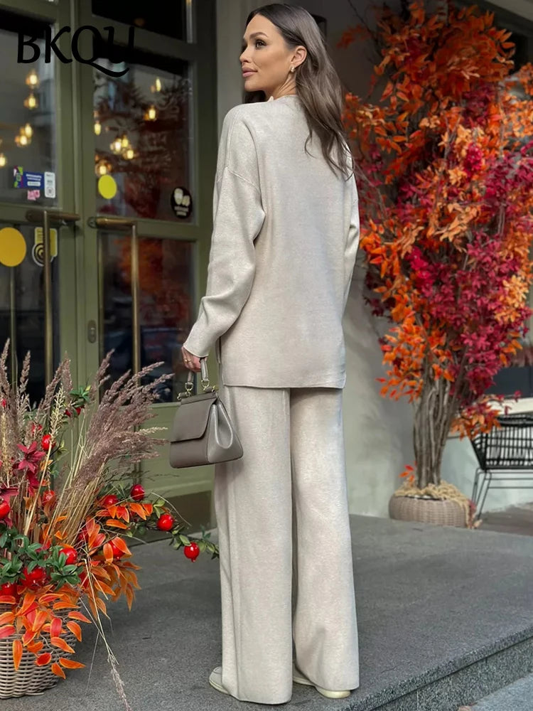 BKQU Casual Split Long Sleeve Sweater Pants Suits Women's Knitted Two Piece Sets Loose Soft Winter Female Commuting Outfits 2025