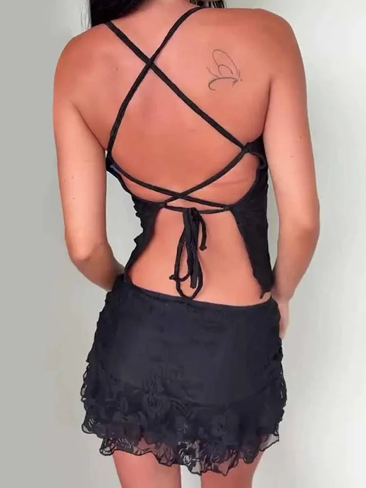 BKQU 2 Piece Set Women Lace Outfits Y2k Sexy Mesh Halter Tie Backless Tank Top Low Waist Ruffle Mini Skirt Suits Party Clubwear