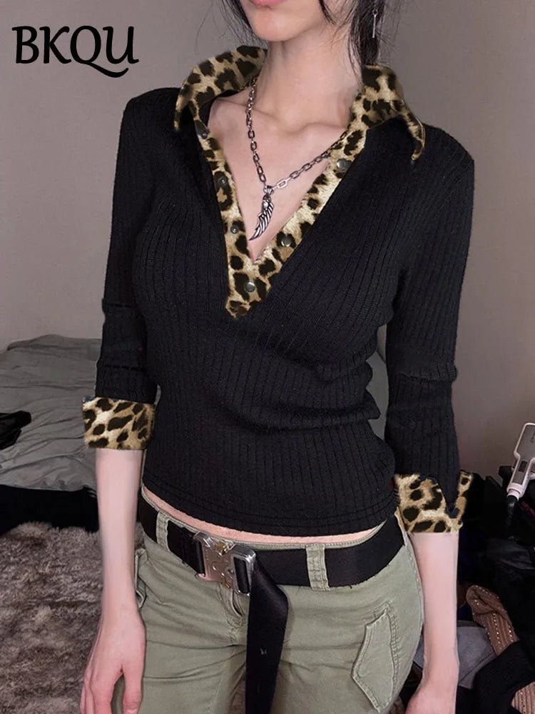 BKQU Leopard Patchwork V Neck Knitted Top Women Autumn Winter Long Sleeve Buttons Slim Crop T-shirt Aesthetic Y2k Streetwear