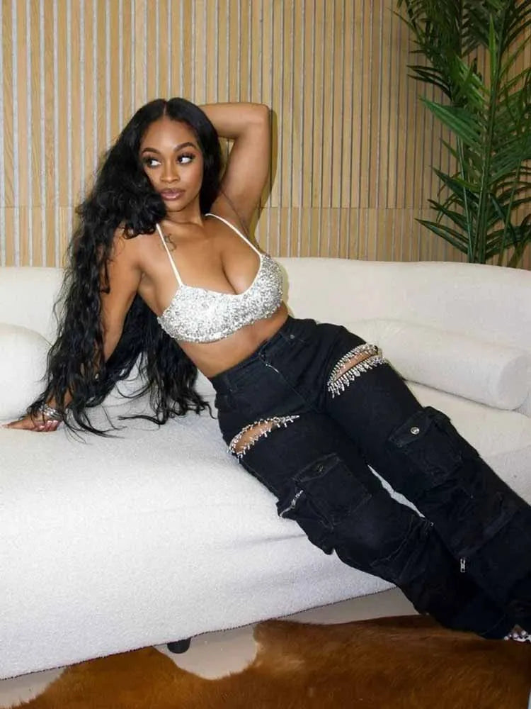 BKQU Unique Diamonds Hollow Out Straight Jeans Women Multi Pocket Cargo Pants Elegant Shiny Rhinestone Wide Leg Denim Trousers