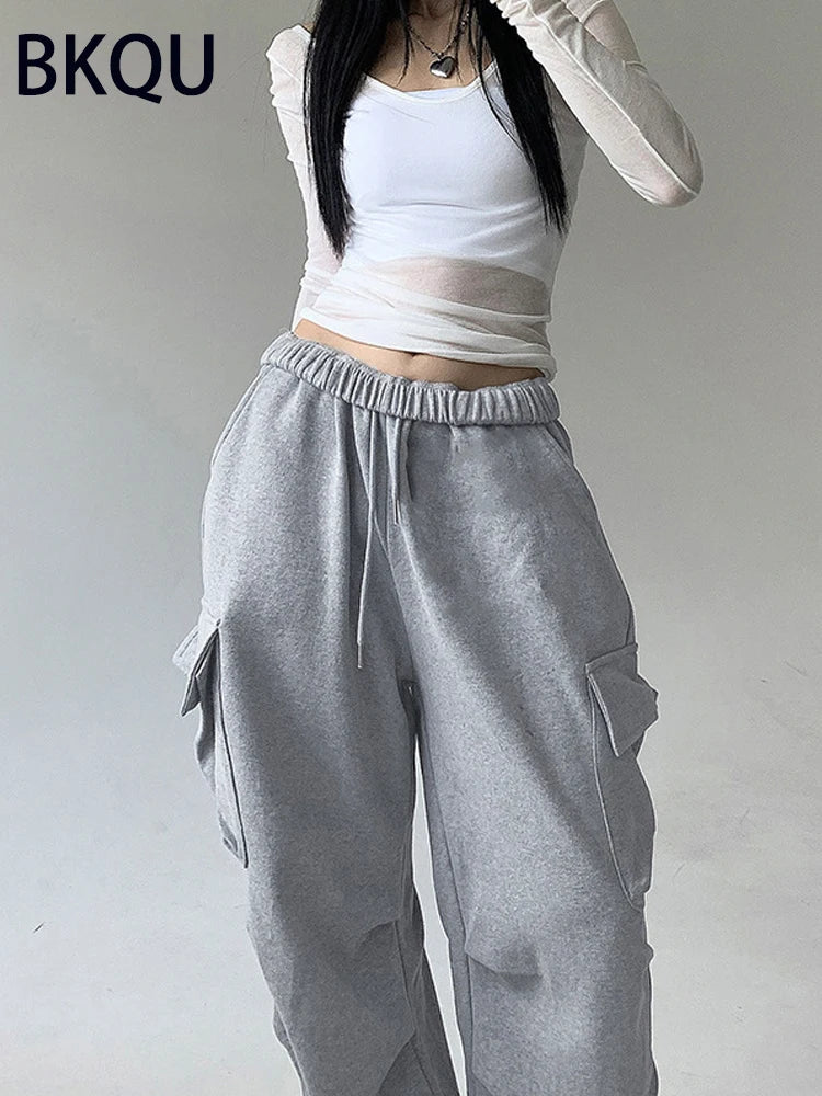 BKQU Gray Knit Pockets Cargo Pants Women 2023 Autumn High Waist Straight Wide Leg Sweatpants Casual Drawstring Joggers Trousers