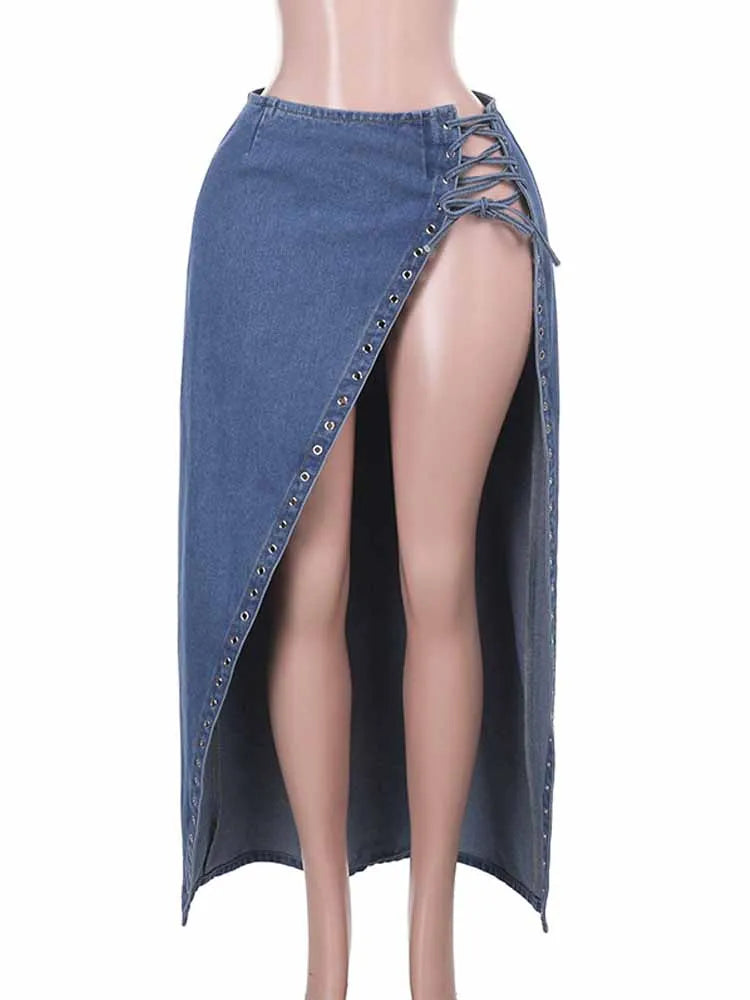 BKQU Sexy High Side Split Denim Long Skirt Women Low Rise Bandage Casual Loose Y2K Jean Maxi Skirt 2025 Summer Hip Hop American
