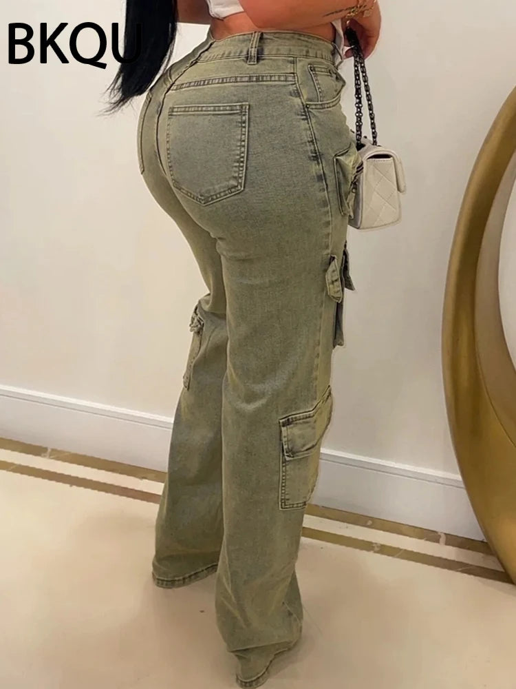 BKQU Fashion Multi-pocket Jeans Women Streetwear Retro Hip-hop Straight High Waist Denim Trousers Zipper Wash Casual Cargo Pants