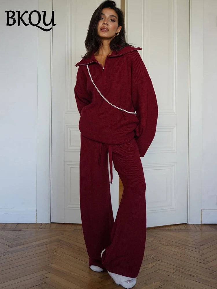 BKQU Fashion Solid Knitted Pants 2 Piece Set Women Casual Lapel Half Zip Pullover Sweater High Waist Wide Leg Pants Ladies Suits