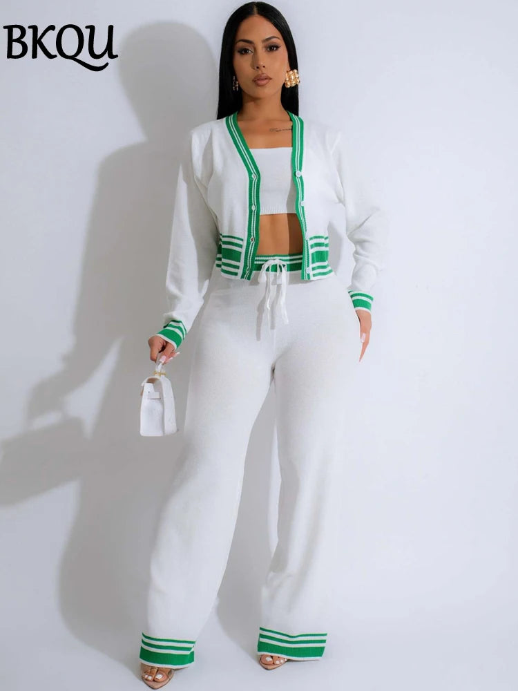 BKQU Knitted 3 Piece Set Elegant Women Long Sleeve Button Cardigan+Mini Vest and Wide Leg Pants Tracksuit Striped Knitted Suit