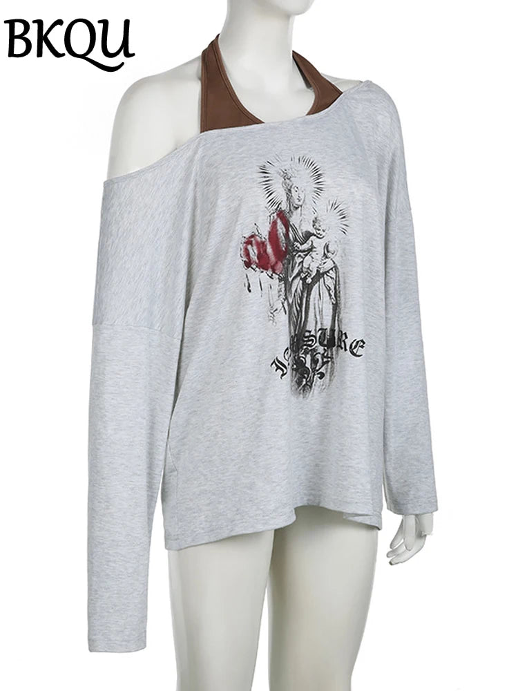 BKQU Graphic Print T-shirt Women Fake Two Pieces Long Sleeve Y2k Aesthetic Retro Tees Fashion Sexy Off Shoulder Loose Tops 2024