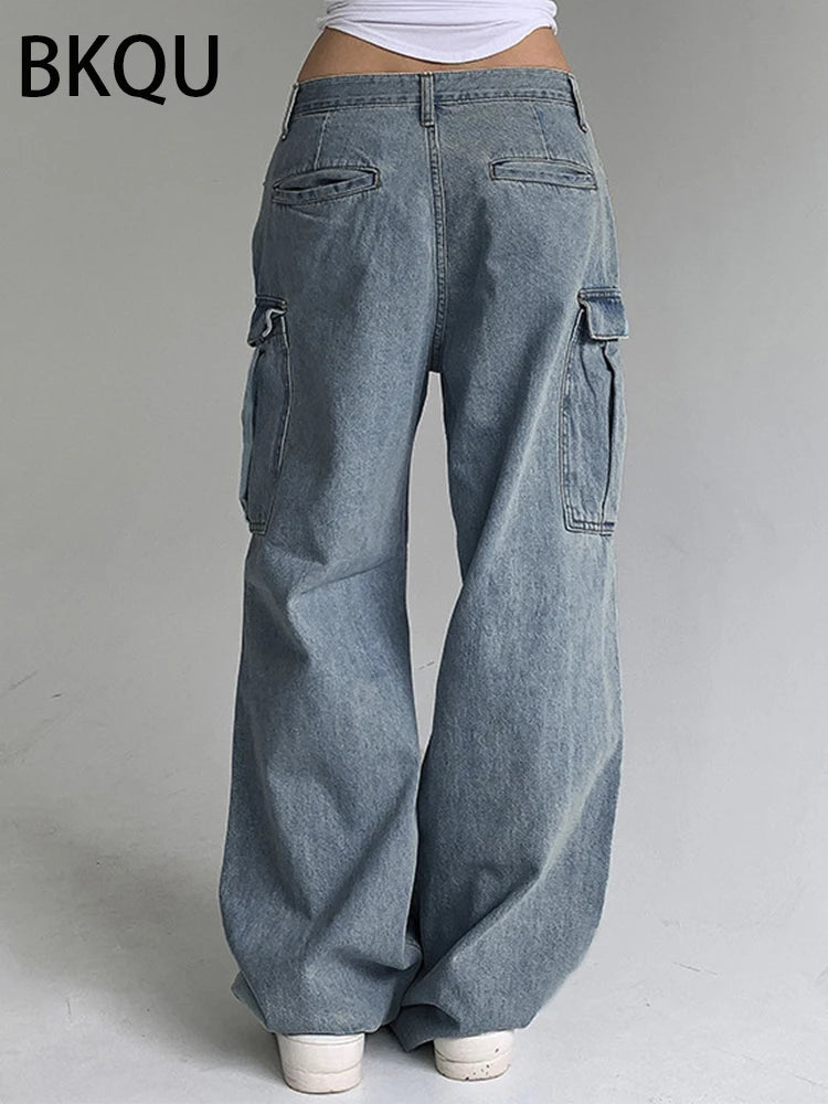 BKQU 2023 Baggy Wide Leg Cargo Pants Women Casual Oversized Pockets Low Waist Straight Jeans Streetwear Hippie Joggers Trousers
