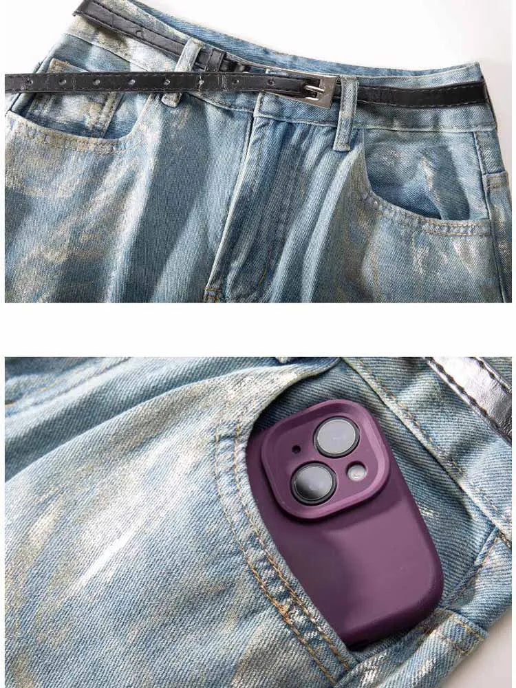 BKQU Aesthetic Metallic Jeans Women Baggy Wide Leg Pants Y2K High Waist Elegant Streetwear Denim Casual Straight Trousers 2025