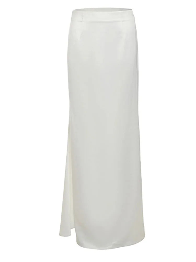 BKQU Elegant Ladies Two Piece Set White Lace Corset Tube Vest High Waist Satin Maxi Skirt Suits 2025 Luxury Party Womens Outfits