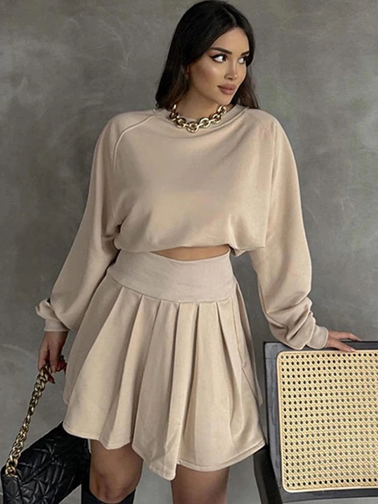 BKQU Pleated Skirt 2 Piece Set Women Casual Tracksuit Long Sleeves Sweatshirt and High Waist Mini Skirts Matching Outfits Autumn
