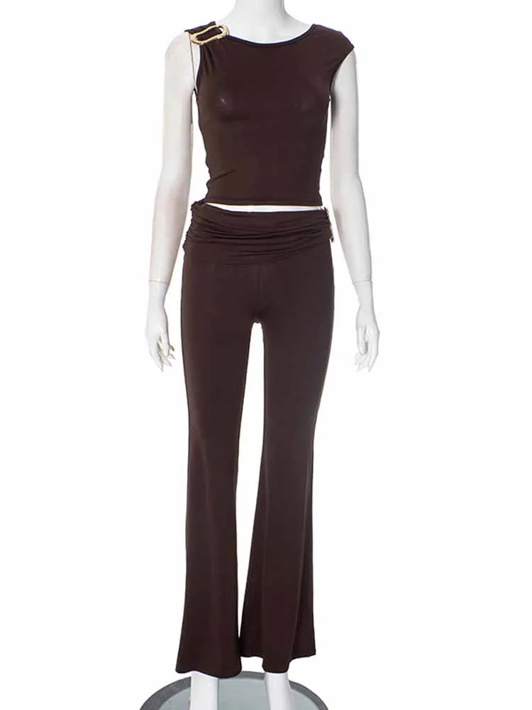 BKQU Casual Pants 2 Piece Set Women Metal Buckle Sleeveless Crop Tops+Ruched Waist Flare Pants Matching 2025 Spring Tracksuits