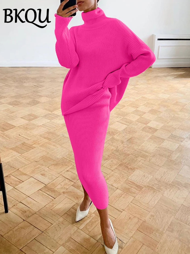 BKQU Knitted Dress Sets Women Loose Turtleneck Sweater Pullover And High Waist Long Skirt Two-Piece Set 2024 Fall Winter Outfits