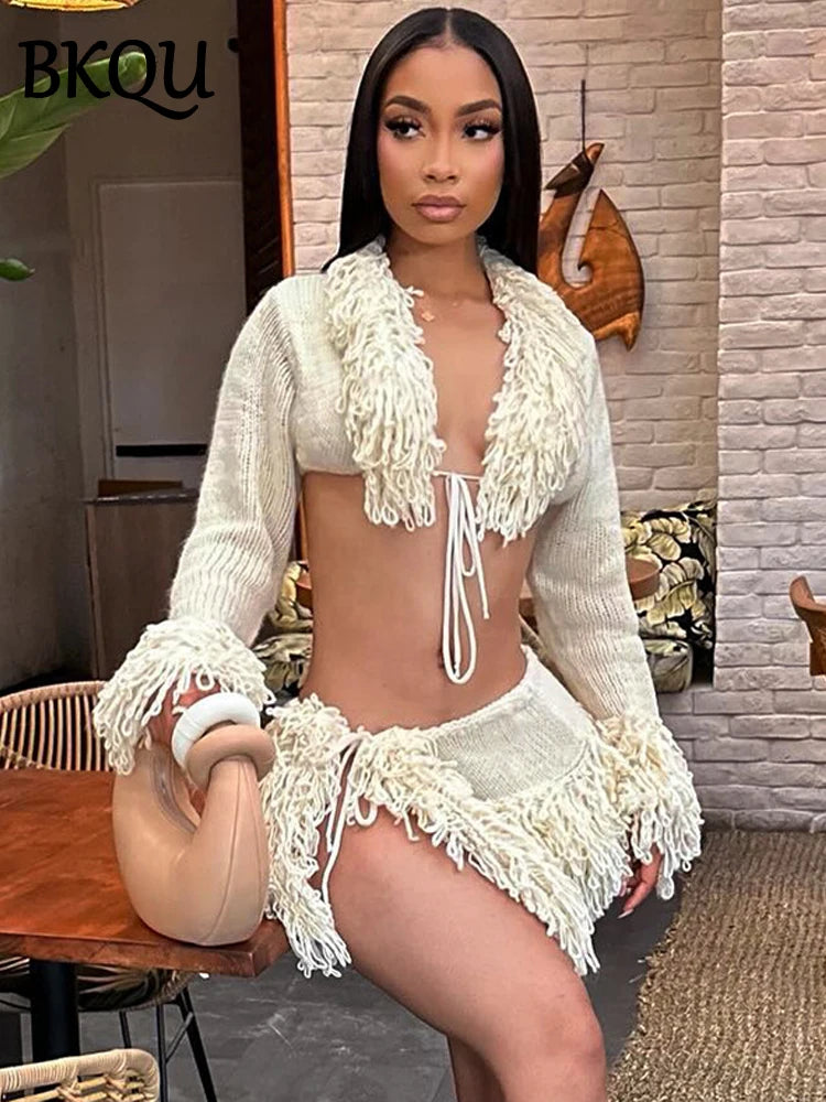 BKQU Knitted Tassels Women 2 Piece Set Long Sleeve Lace-Up Cardigan Sweater and Mini Skirts Matching Sexy Party Clubwear Winter