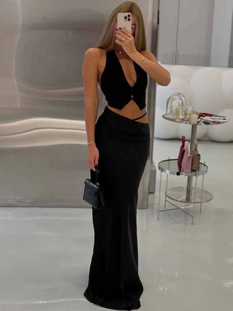 BKQU Elegant Satin Long Skirt Women 2025 Summer Classics Fashion High Waist Slim Hollow Out Maxi Skirts Female Y2k Party Skirts