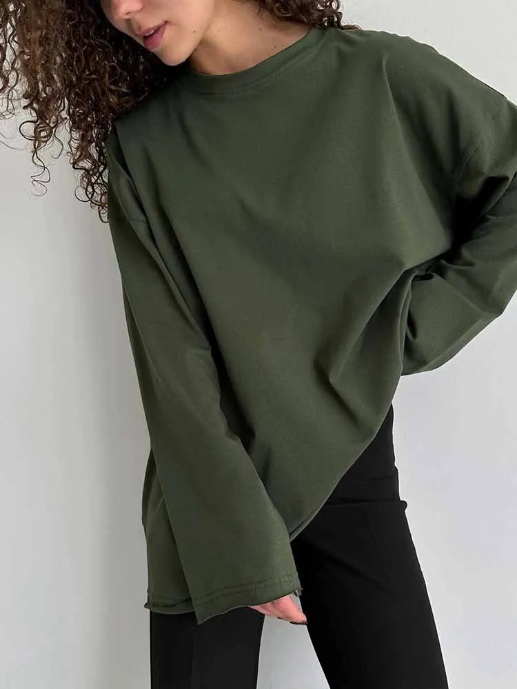 BKQU 100%Cotton T-shirt Women's Classic 2025 Spring O-Neck Long Sleeved Oversize T Shirt  Loose Casual Solid Color Pullover Tops