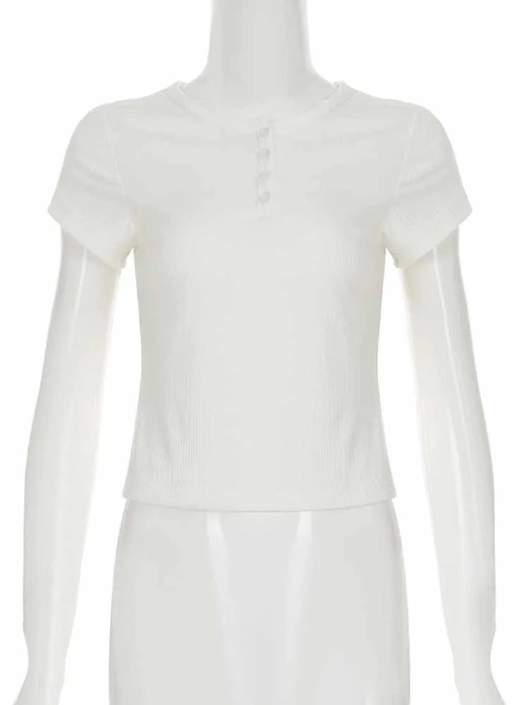 BKQU Women Basic Knitted Crop Tops Summer Button Up O Neck Short Sleeve T-Shirt Casual Slim Fit y2k Aesthetic Baby Tees