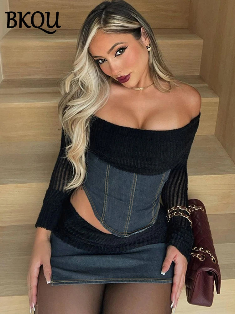 BKQU Two Piece Set Women Denim Patchwork Sexy Off Shoulder Long Sleeve Crop Tops Bodycon Mini Skirts Y2k Club Party Outfits 2024