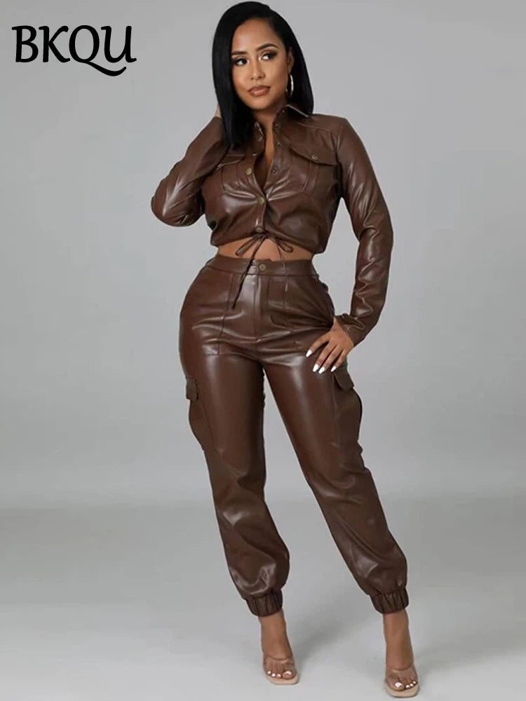 BKQU Women Pants Sets PU Leather Single Breasted Coat High Waisted Pockets Slim Pencil Pants 2 Piece Sets Fashion Winter Outfits