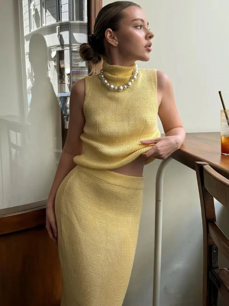 BKQU Elegant Knitted Top Skirts Sets Women 2024 Slim Turtleneck Sleeveless Tank Top and High Waist Long Skirt Two Pieces Suits