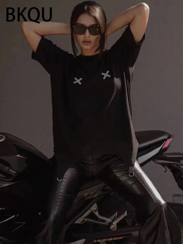 BKQU Letter Rhinestone Loose T shirts For Women 2024 Fashion Short Sleeve O-neck Hot Diamonds Female Tees Pullovers Streetwear