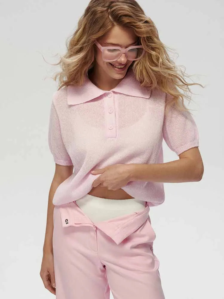 BKQU Knitted Polo Shirt Women Elegant Short Sleeve Loose T-shirt 2025 Summer Multicolour Hollow Out Lapel Knit Pullover Top Y2K