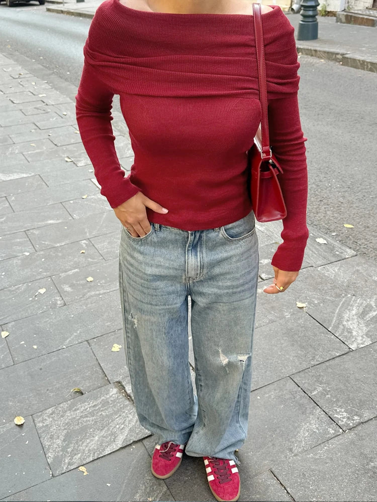 BKQU Knitted Off Shoulder T-Shirts Women Elegant Solid Long Sleeve Pullover Tops Autumn Winter Chic Ruched Ladies Slim Tees 2024