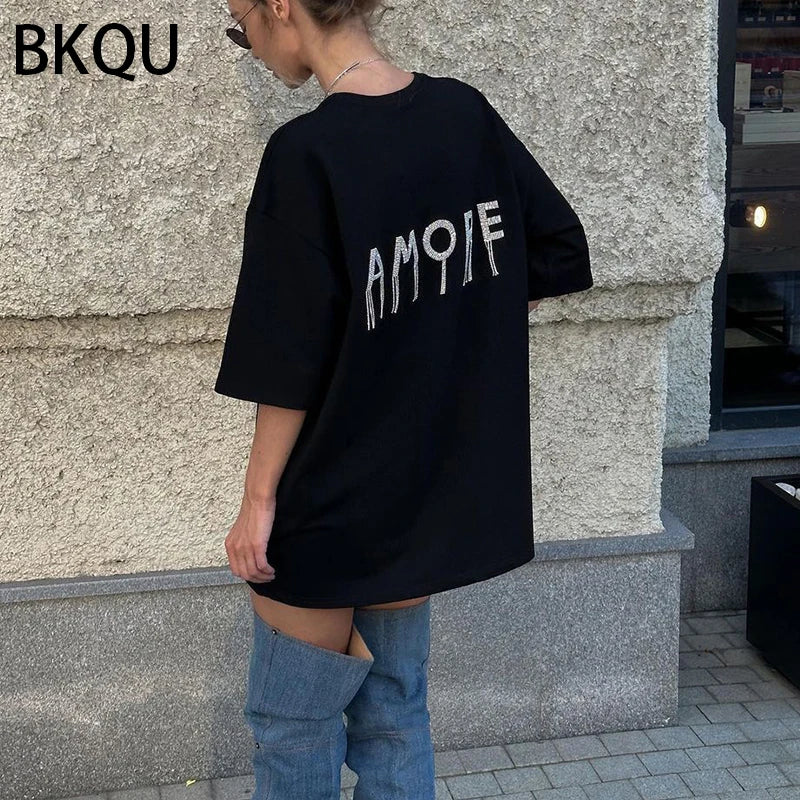 BKQU Rhinestone Loose T shirts for Women 2024 Harajuku Goth Graphic Short Sleeve O-neck Hot Diamonds Female Tees Pullovers Retro