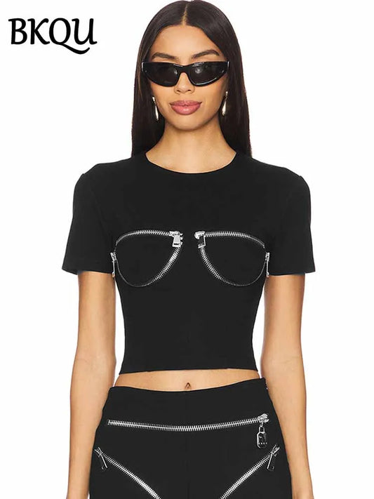 BKQU Chest Zip Decorate Y2K T-Shirt Women Chic O-Neck Short Sleeve Slim Crop Tops 2025 Summer Hipster All-Match Tees Streetwear