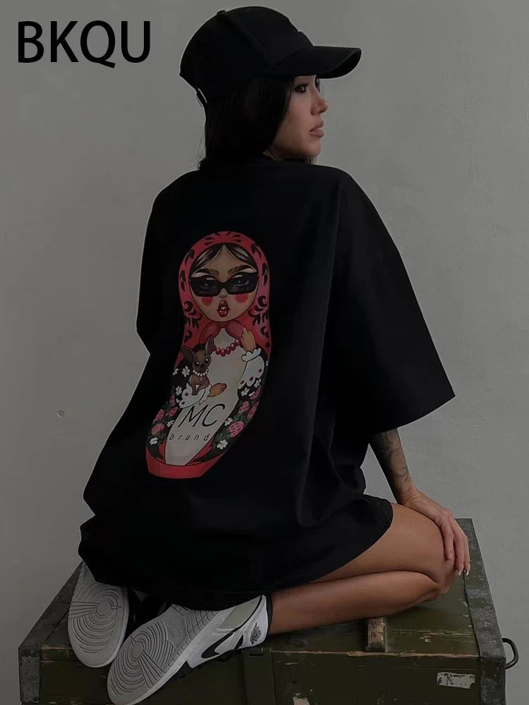 BKQU Letter Printed Loose T shirts Women 2024 High Street Graphic Short Sleeve Pullovers Tops Casual O-neck Kawaii Female Tees