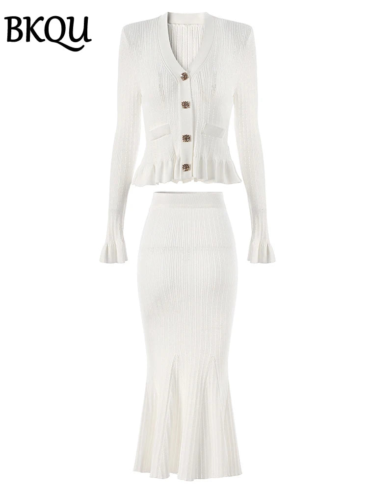 BKQU 2 Pieces Elegant Knit Women's V-neck Ruffles Single Breasted Sweater Slim Long Mermaid Skirt Set Winter Luxury Party Outfit