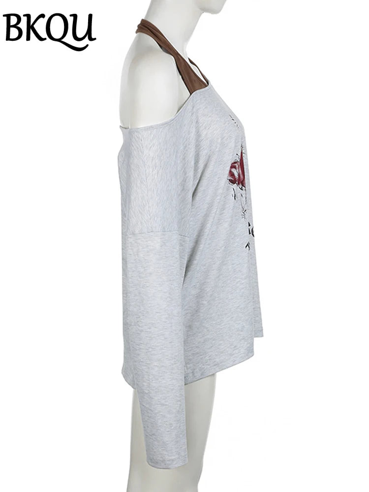 BKQU Graphic Print T-shirt Women Fake Two Pieces Long Sleeve Y2k Aesthetic Retro Tees Fashion Sexy Off Shoulder Loose Tops 2024