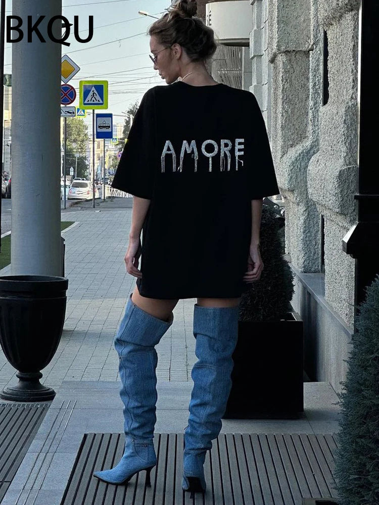 BKQU Black T shirts for Women 2024 High Street Letter Rhinestone Loose O-neck Tees Top Short Sleeve Hot Diamonds Tassel Pullover