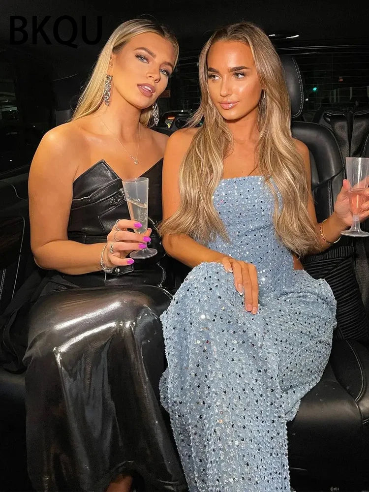 BKQU Denim Pants Set Women 2024 Fashion Sequins Zipper Corset Tops and High Waist Loose Jeans Two Piece Sets Party Club Outfits