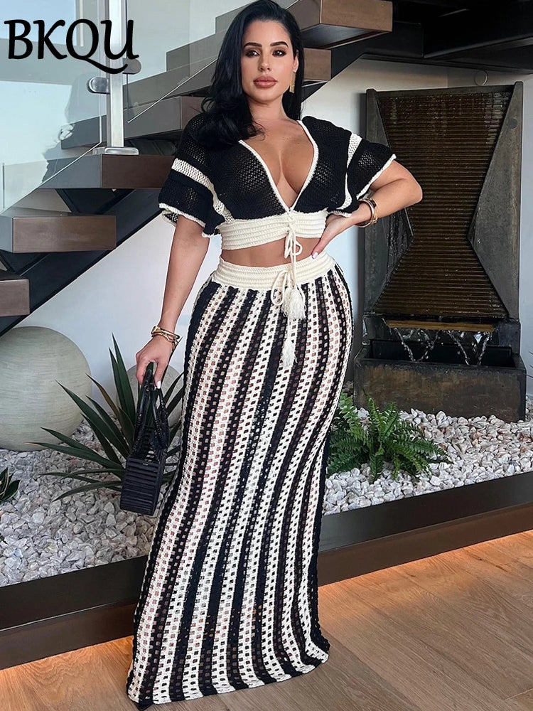 BKQU Striped Knitted Dress Sets Hollow Out Long Skirts With V-Neck Short Sleeve Crop Tops for Women 2024 Summer Vacation Outfits