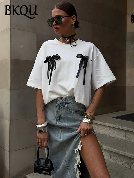 BKQU T Shirt Women's Bow Graphic Short-Sleeved Summer Loose T-shirts Korean Cute y2k Printed Casual O-Neck Tees Tops Streetwear